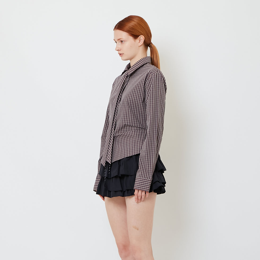 Women Checkered Shirt with Tie - Blue - SW2608161B