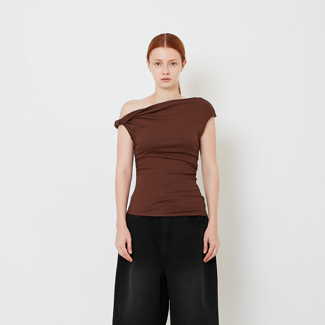 Women One Shoulder Knit Top - Brown - SW2608179C