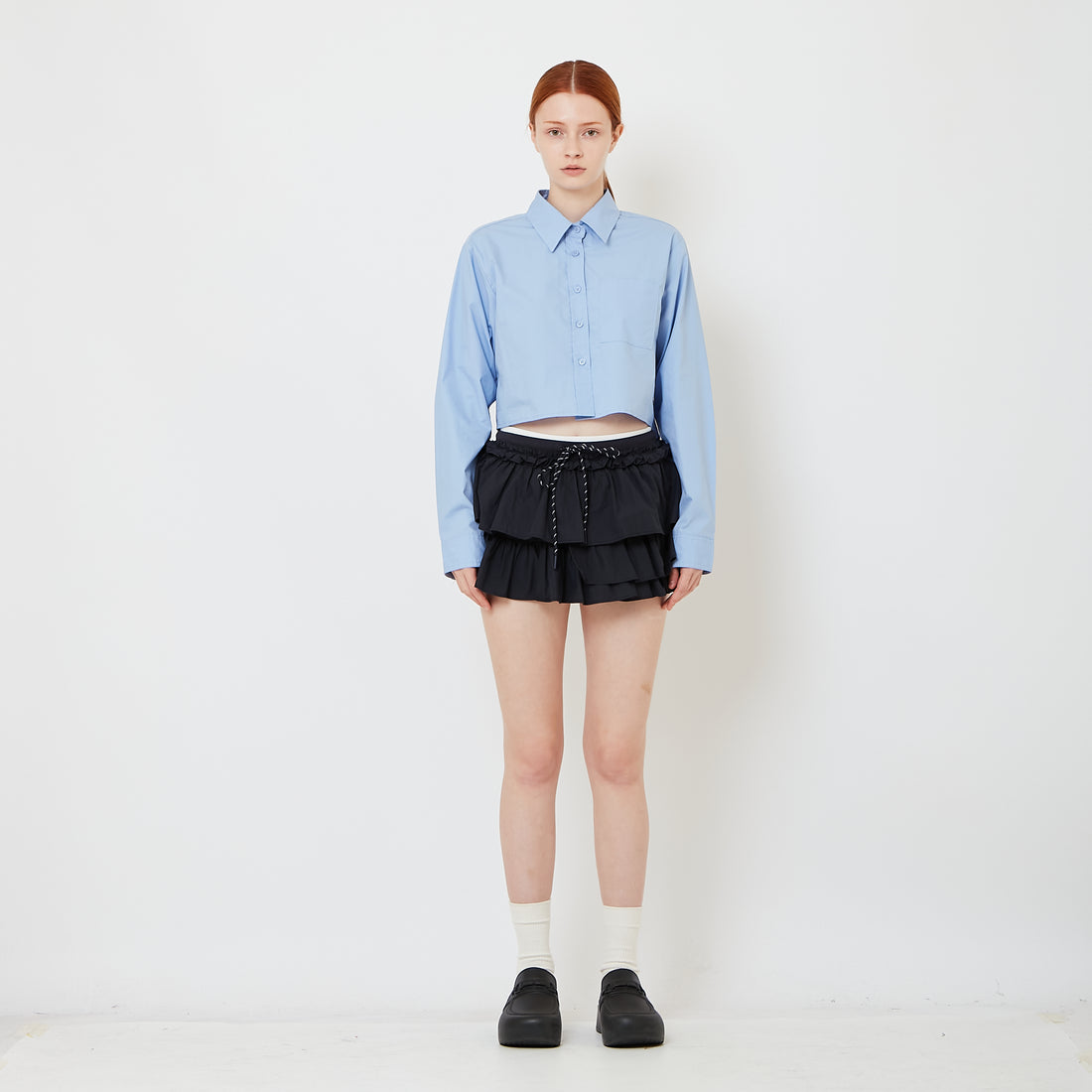 Women Double Waisted Ruffle Skirt - Navy - SW2609240B