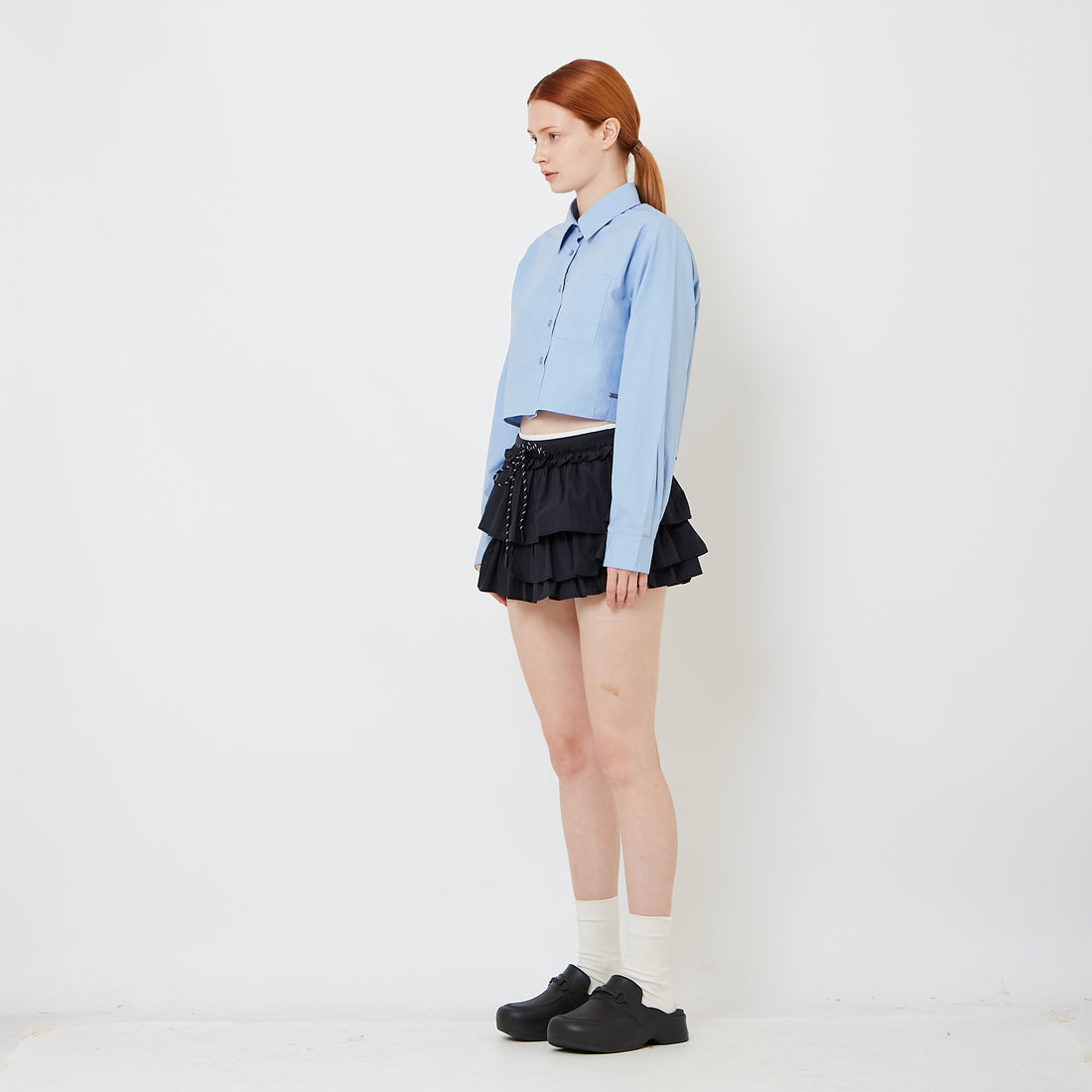 Women Double Waisted Ruffle Skirt - Navy - SW2609240B