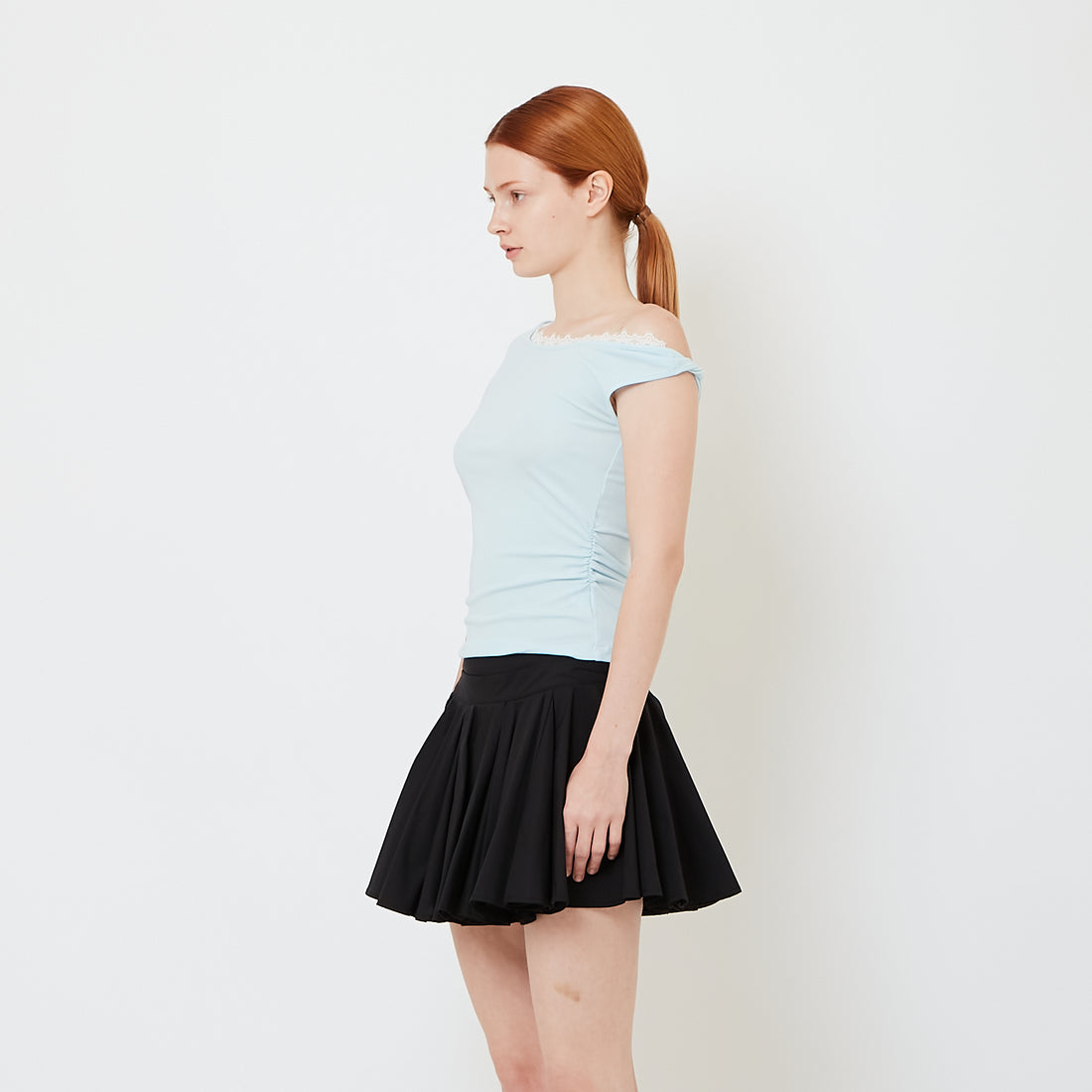 Women Off Shoulder Knit Top with Lace - Light Blue - SW2609241A