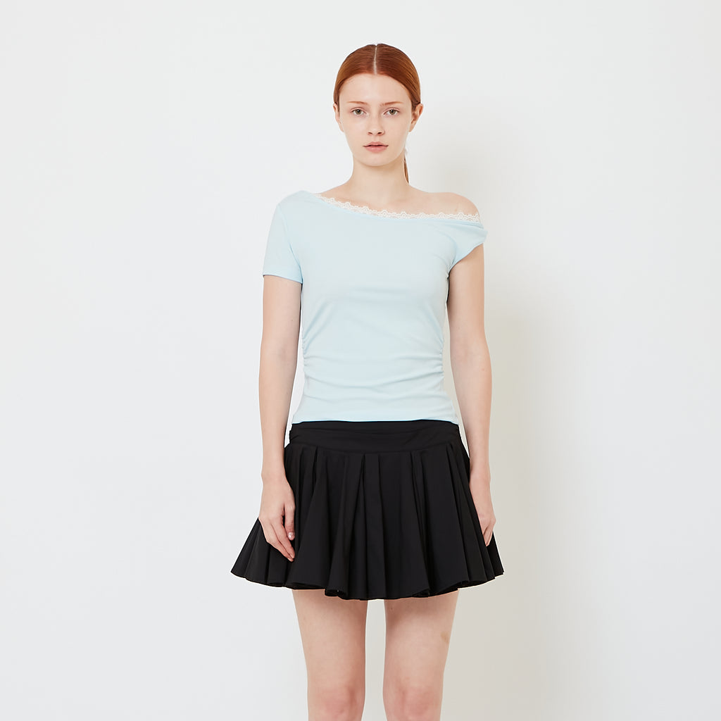 Women Off Shoulder Knit Top with Lace - Light Blue - SW2609241A