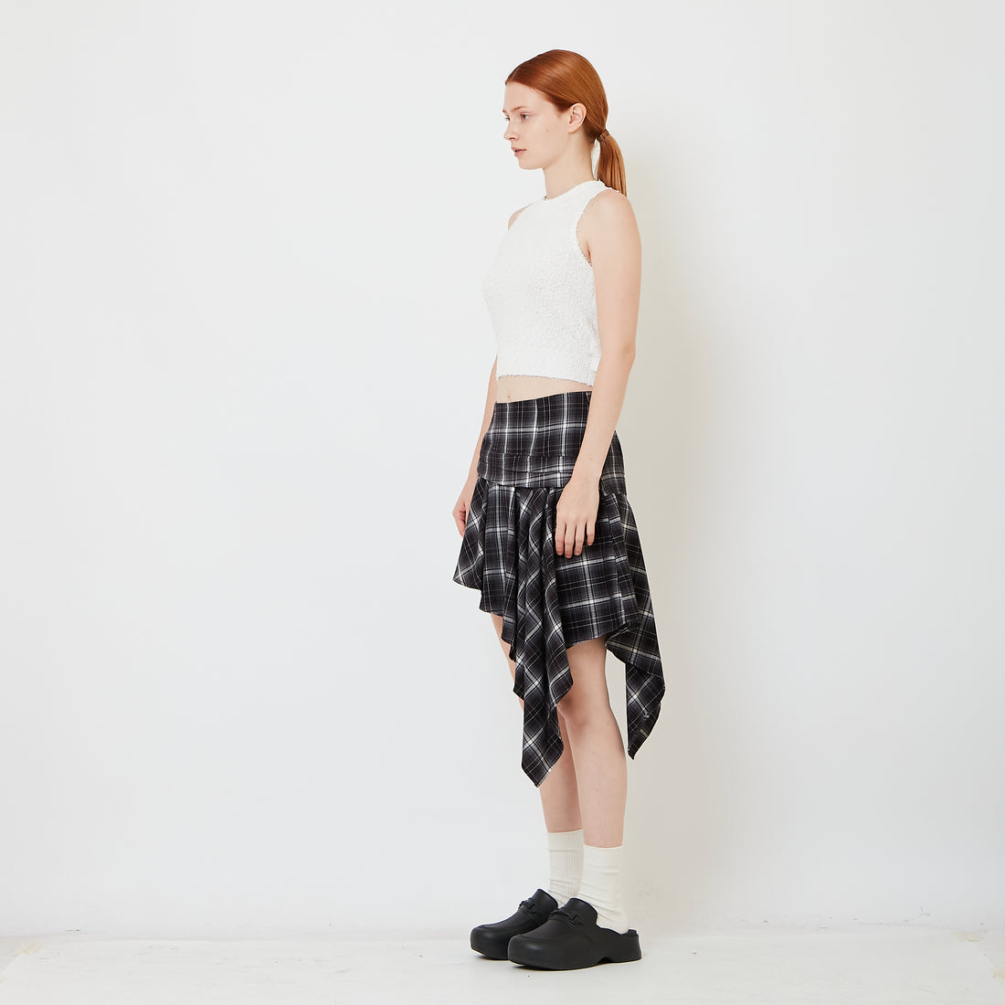 Women Checkered Asymmetrical Skirt - Black - SW2609247A