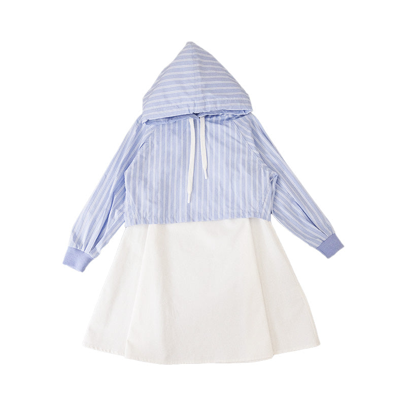 Girl Striped 2 in 1 Hoodie Dress - Pale Blue - SG2212137B