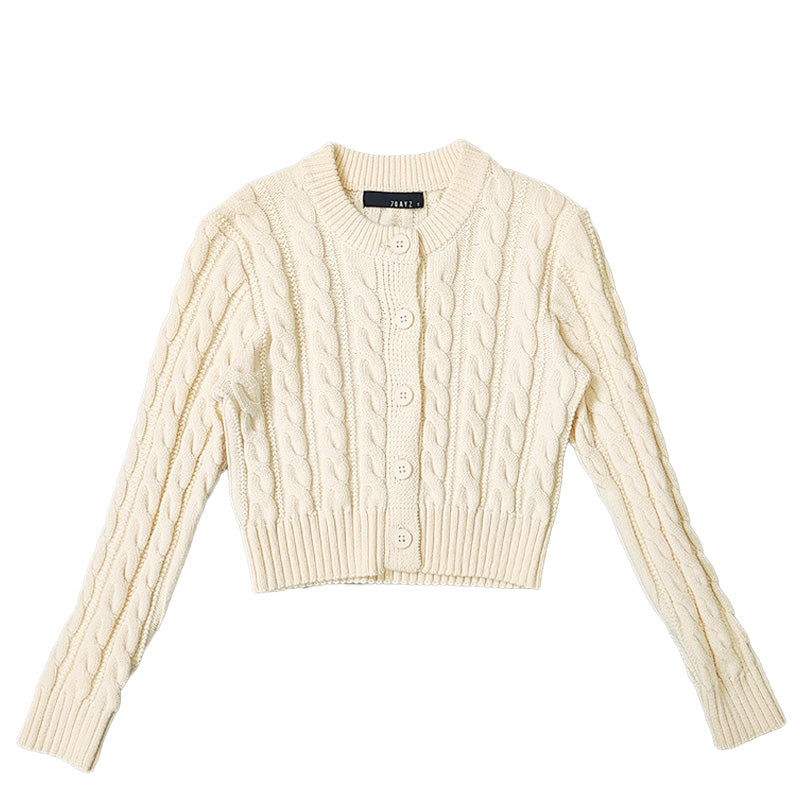 Girl Cable Knit Cropped Cardigan - Ivory - SG2212139A