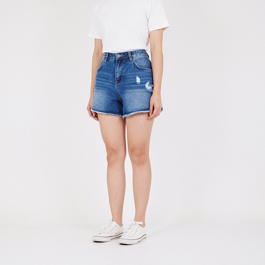 Women Ripped Denim Shorts - Blue - SW2210541B