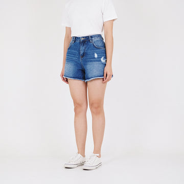 Women Ripped Denim Shorts - Blue - SW2210541B