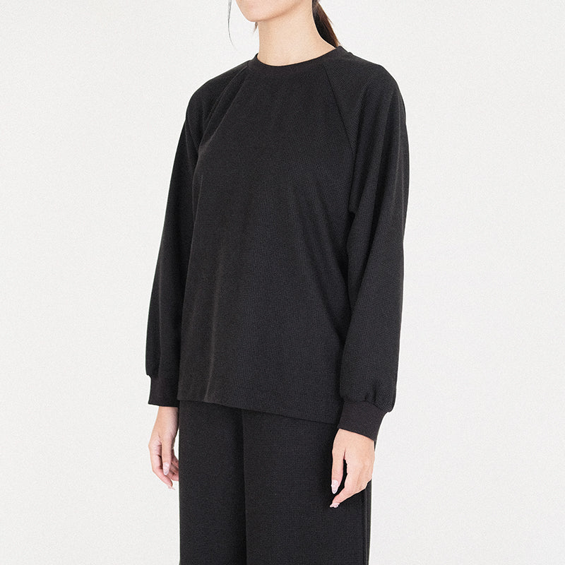 Women Waffle Knit Top - Black - SW2302036B
